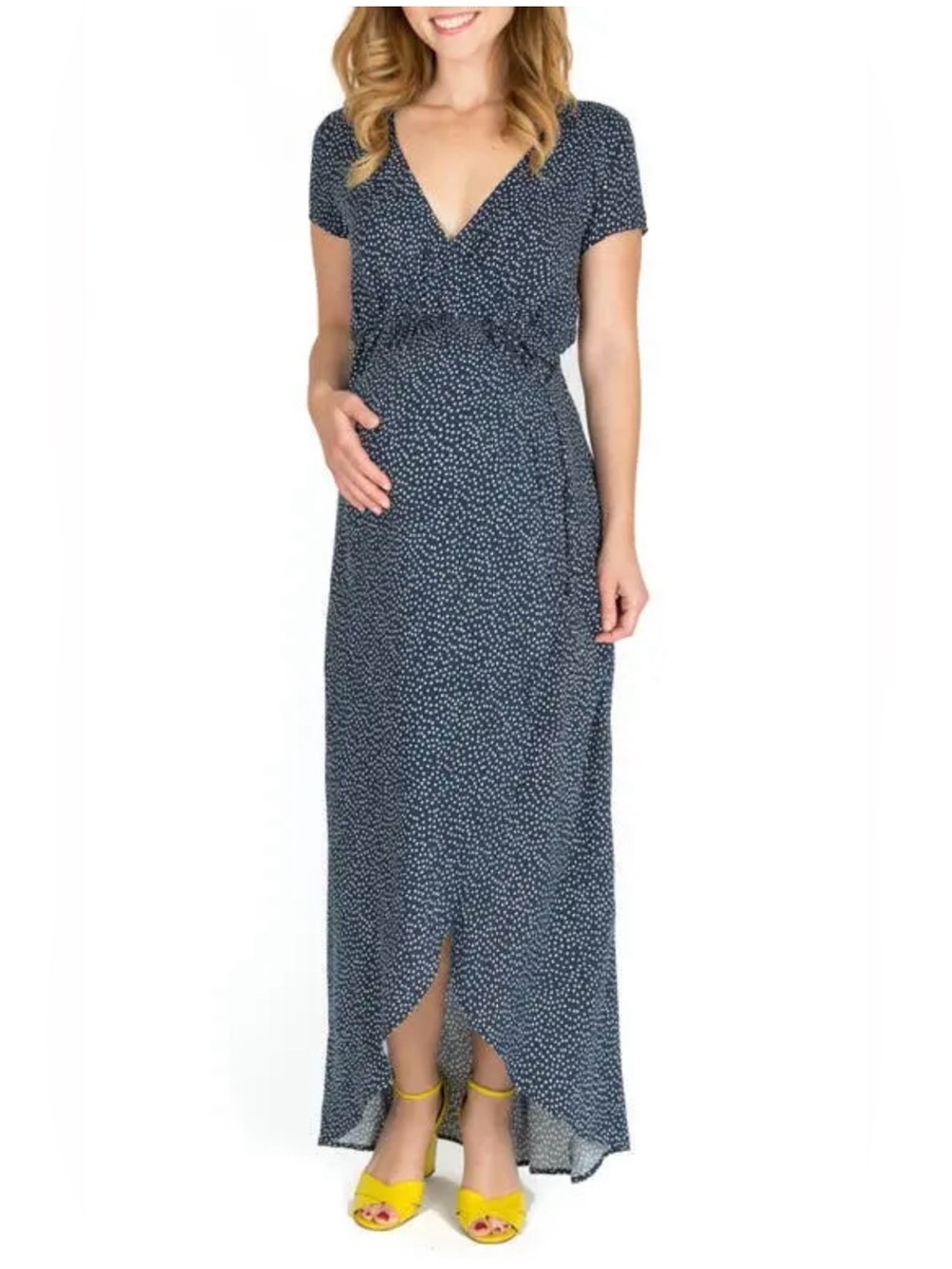 NOM Maternity Nursing Delilah Wrap Maxi Dress Navy White Polka Dot Size Large